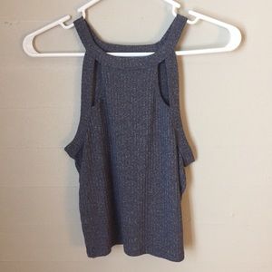 Blue Ribbed Crop Top with Cut Outs